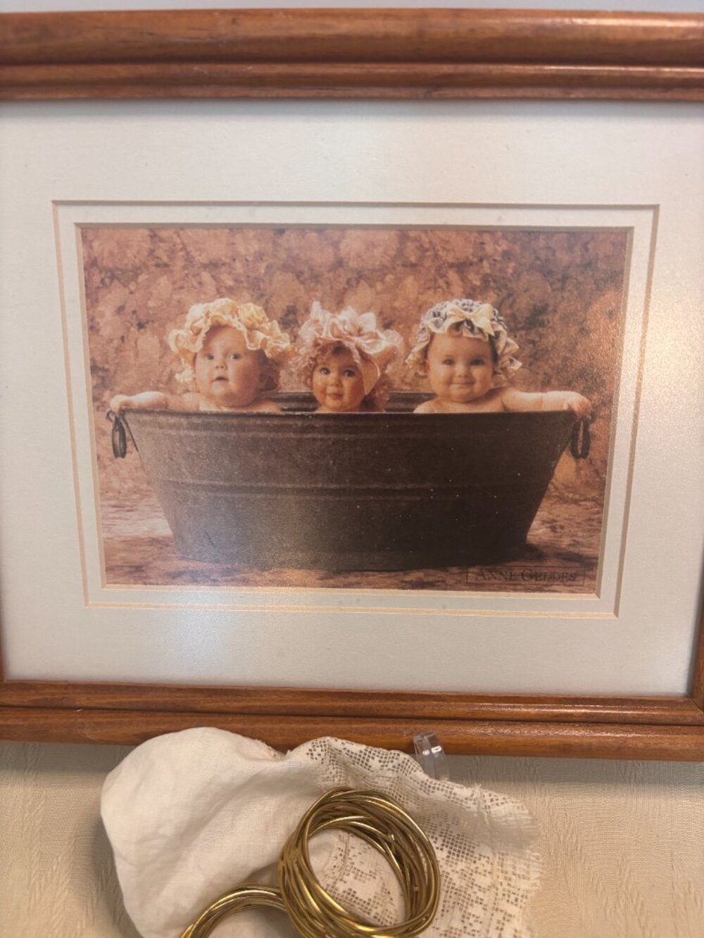 VTG 90s/Y2K Anne Geddes Framed and Matted Print 3 Babies in a Tub